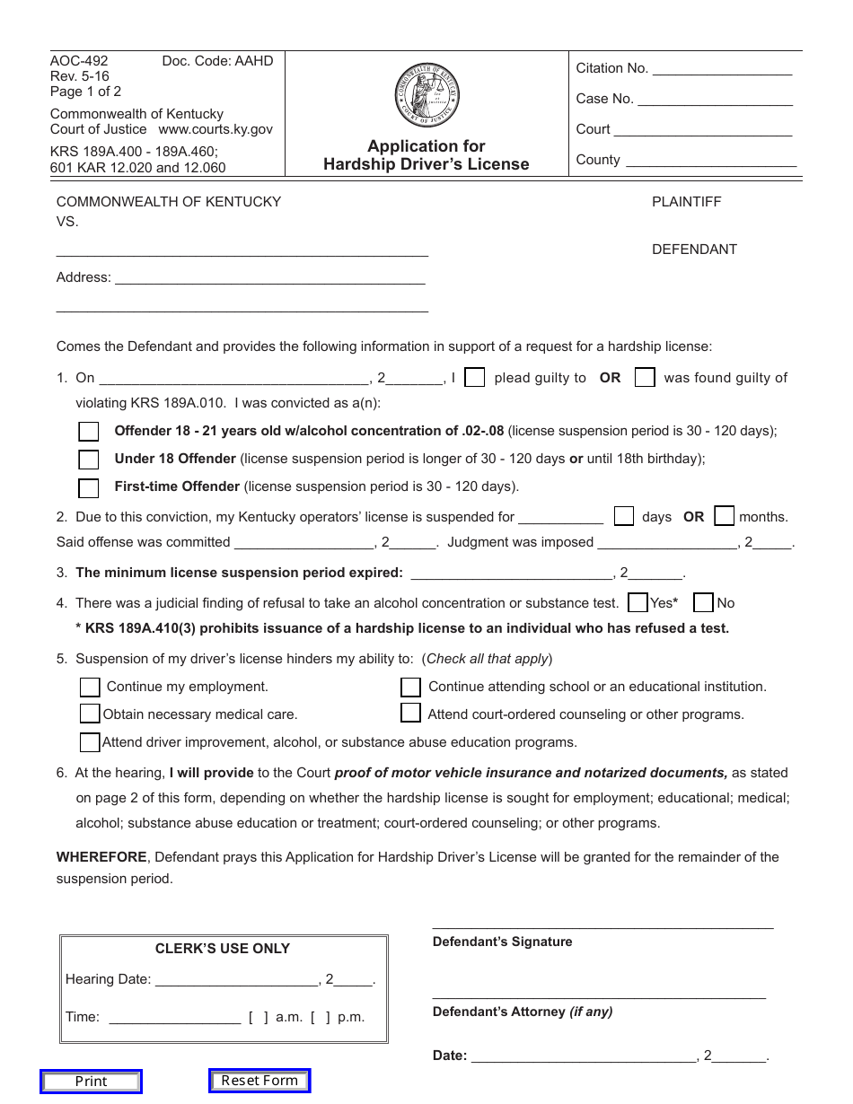 Form AOC-492 Application for Hardship Drivers License - Kentucky, Page 1
