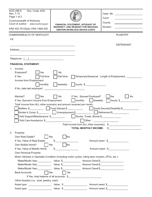 Form AOC-495.8 Financial Statement, Affidavit of Indigency, and Request for Reduced Ignition Interlock Device Costs - Kentucky