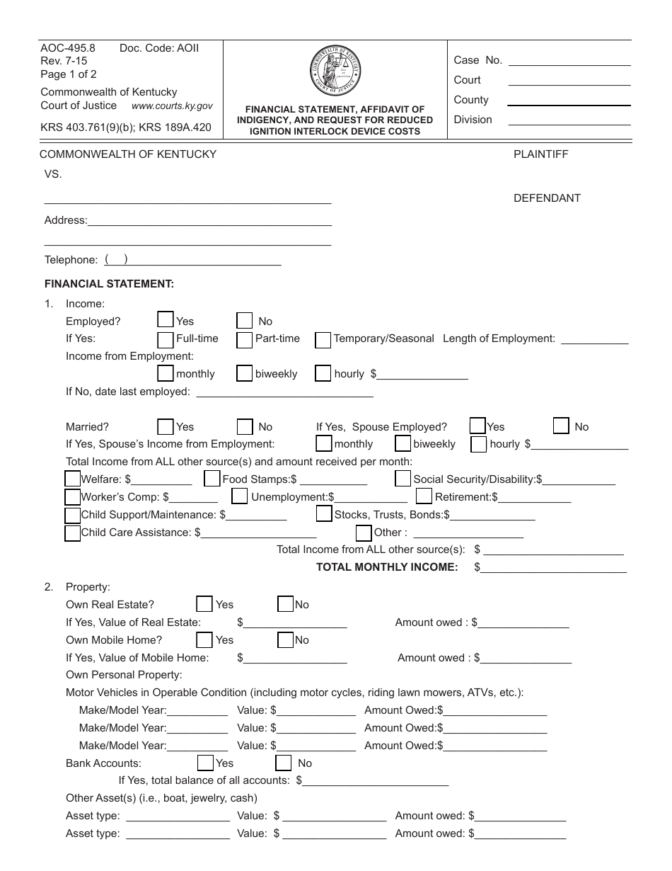 Form AOC-495.8 Financial Statement, Affidavit of Indigency, and Request for Reduced Ignition Interlock Device Costs - Kentucky, Page 1