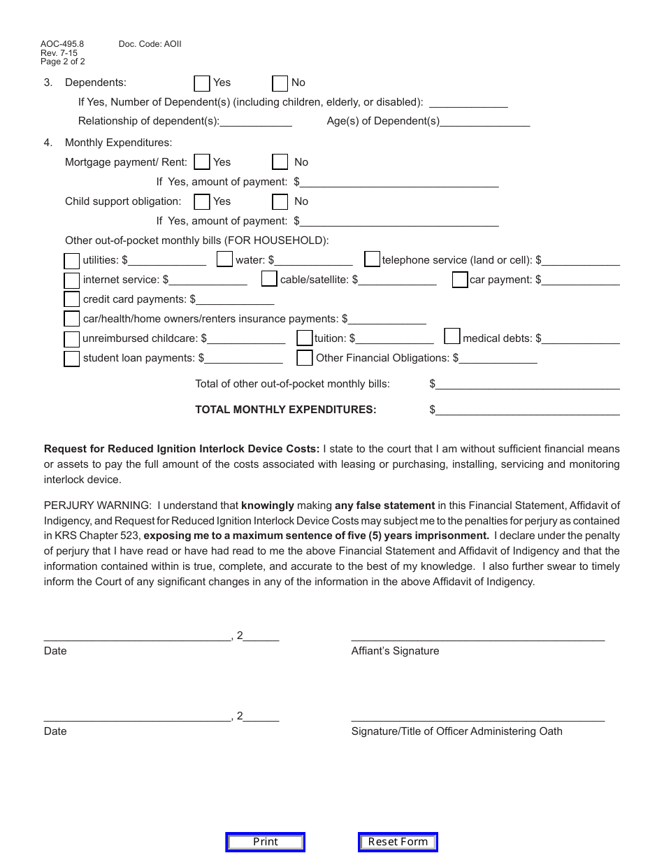 Form AOC-495.8 Financial Statement, Affidavit of Indigency, and Request for Reduced Ignition Interlock Device Costs - Kentucky, Page 2