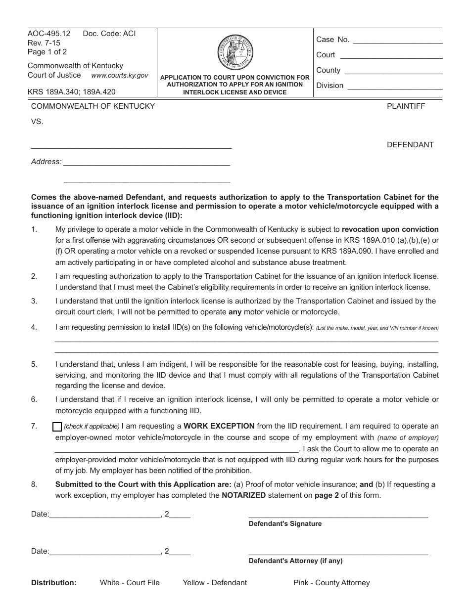 Form AOC-495.12 Application to Court Upon Conviction for Authorization to Apply for an Ignition Interlock License and Device - Kentucky, Page 1