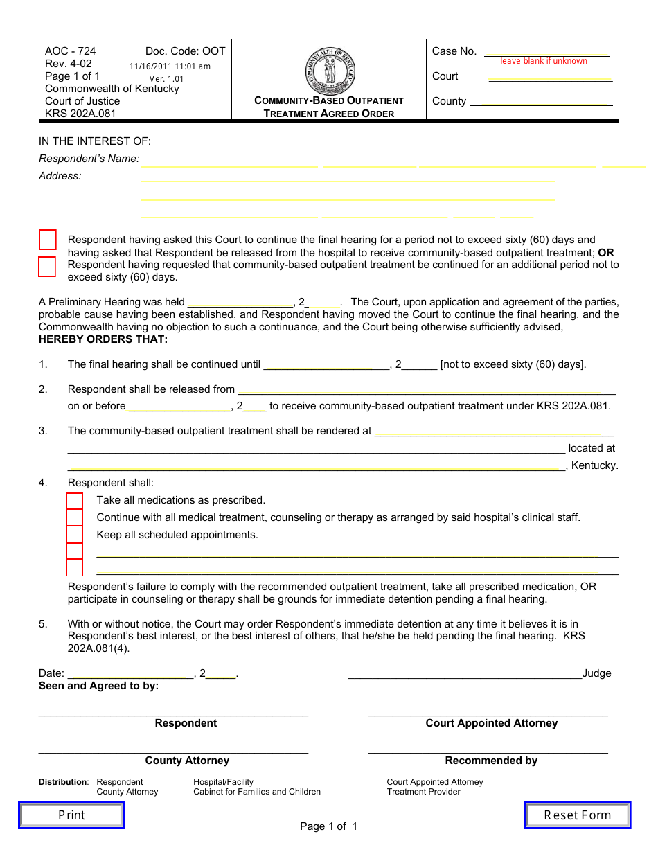 Form AOC-724 Community-Based Outpatient Treatment Agreed Order - Kentucky, Page 1