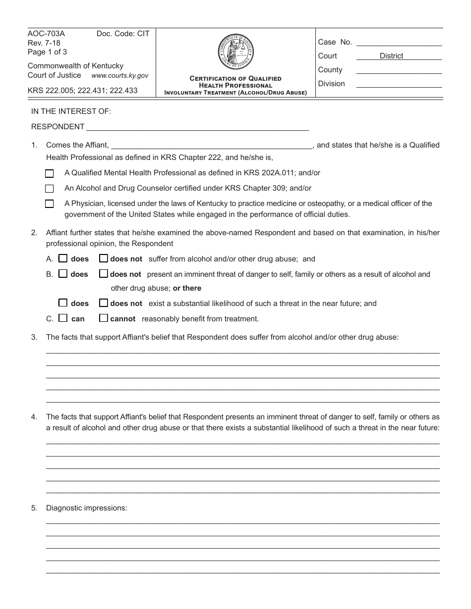 Form AOC-703A Certification of Qualified Health Professional Involuntary Treatment (Alcohol / Drug Abuse) - Kentucky, Page 1