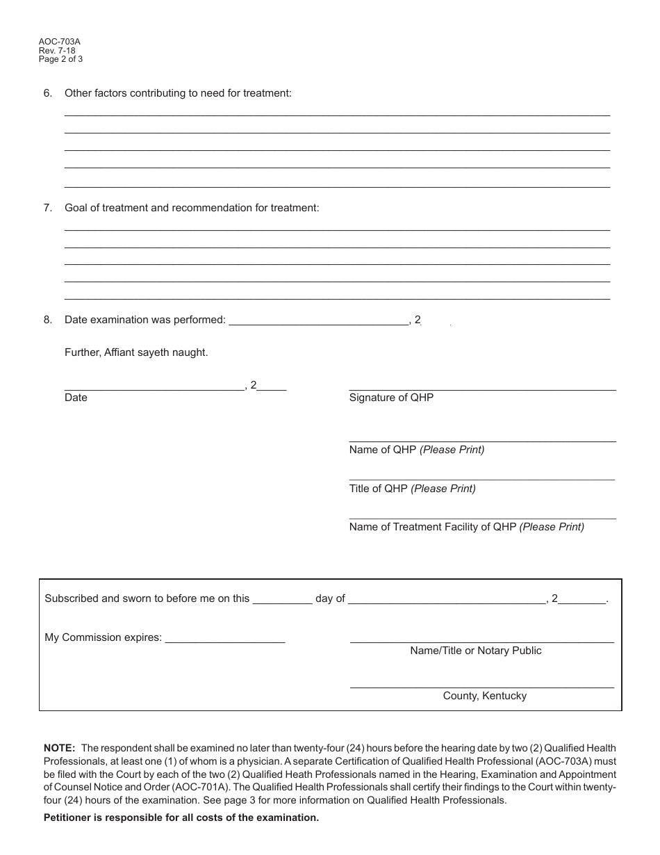 Form AOC-703A Certification of Qualified Health Professional Involuntary Treatment (Alcohol / Drug Abuse) - Kentucky, Page 2
