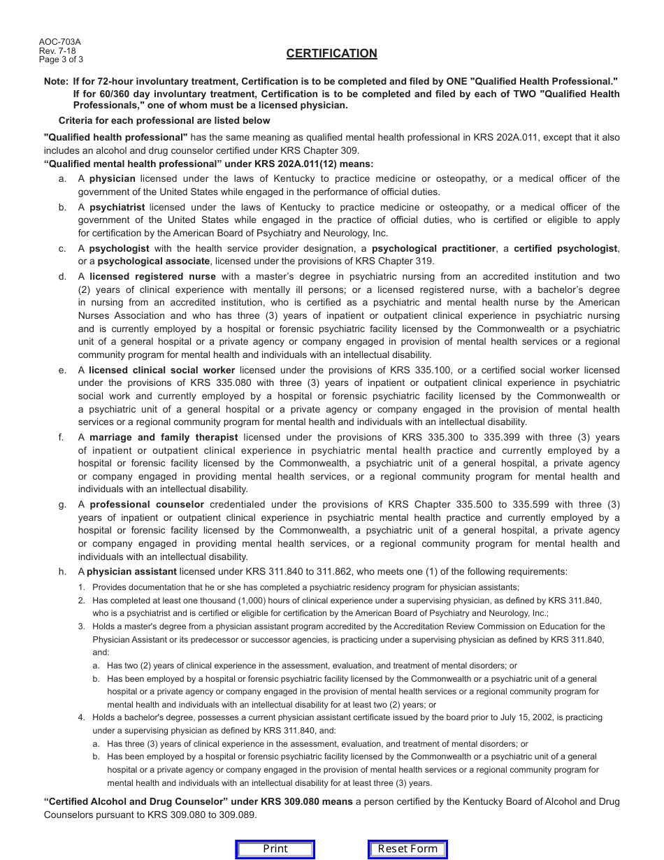 Form AOC-703A Certification of Qualified Health Professional Involuntary Treatment (Alcohol / Drug Abuse) - Kentucky, Page 3