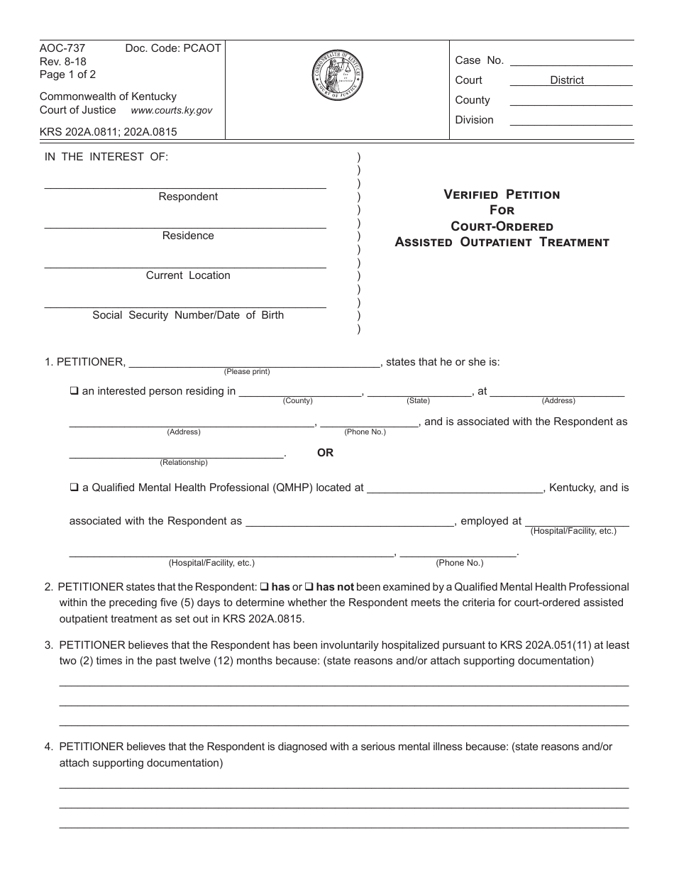 Form AOC-737 Verified Petition for Court-Ordered Assisted Outpatient Treatment - Kentucky, Page 1