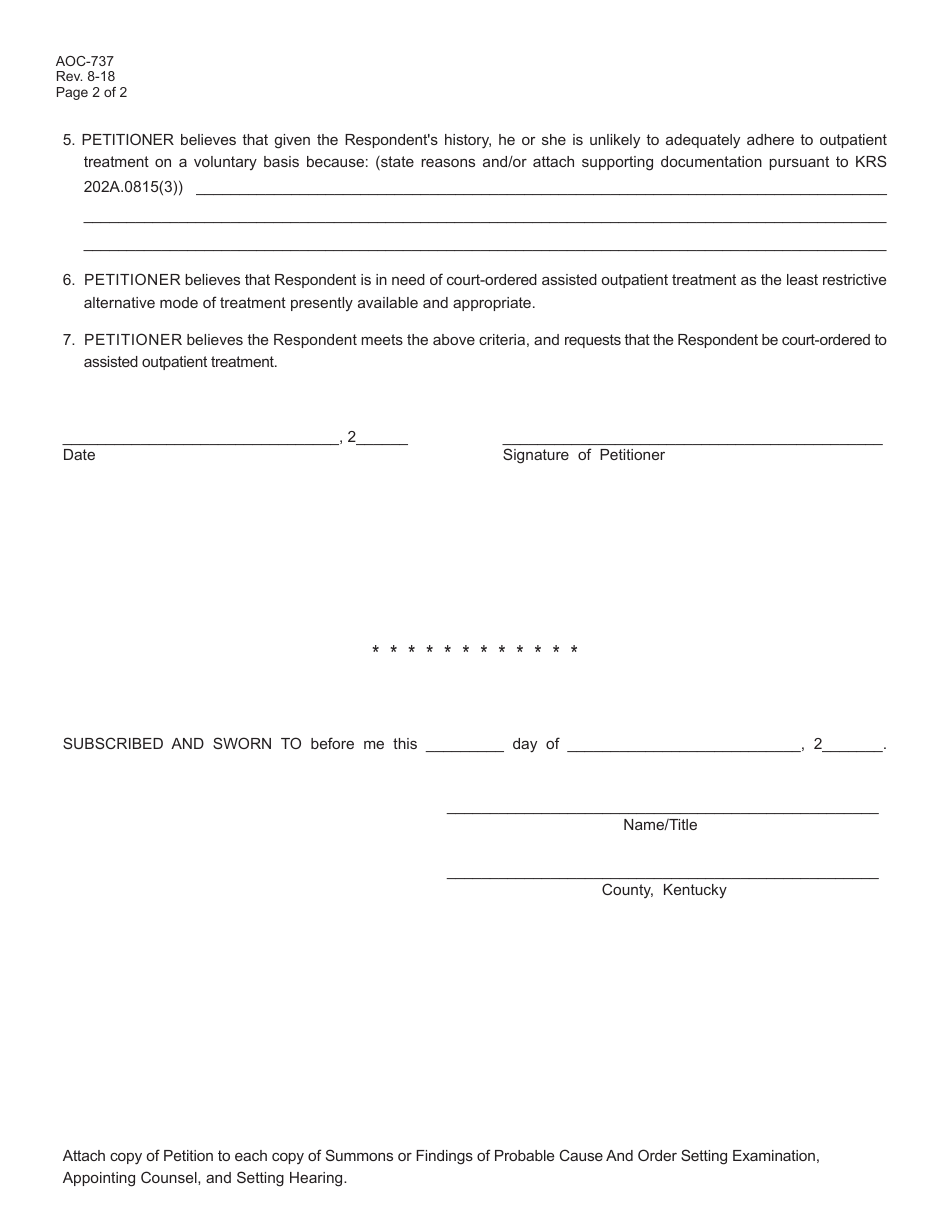 Form AOC-737 Verified Petition for Court-Ordered Assisted Outpatient Treatment - Kentucky, Page 2