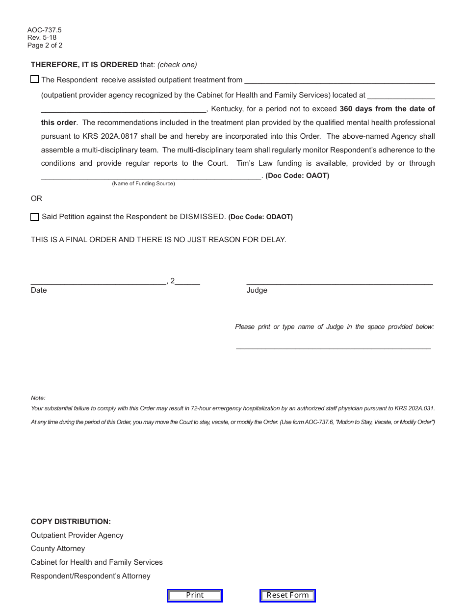 Form AOC-737.5 Judgment and Order for Court-Ordered Assisted Outpatient Treatment - Kentucky, Page 2