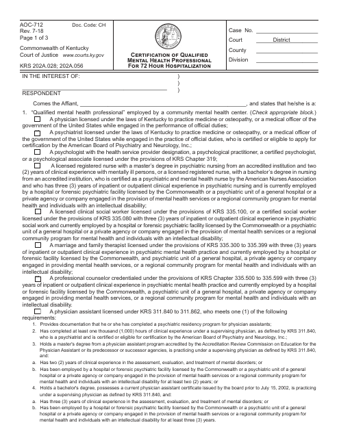 Form AOC-712 Certification of Qualified Mental Health Professional for 72 Hour Hospitalization - Kentucky