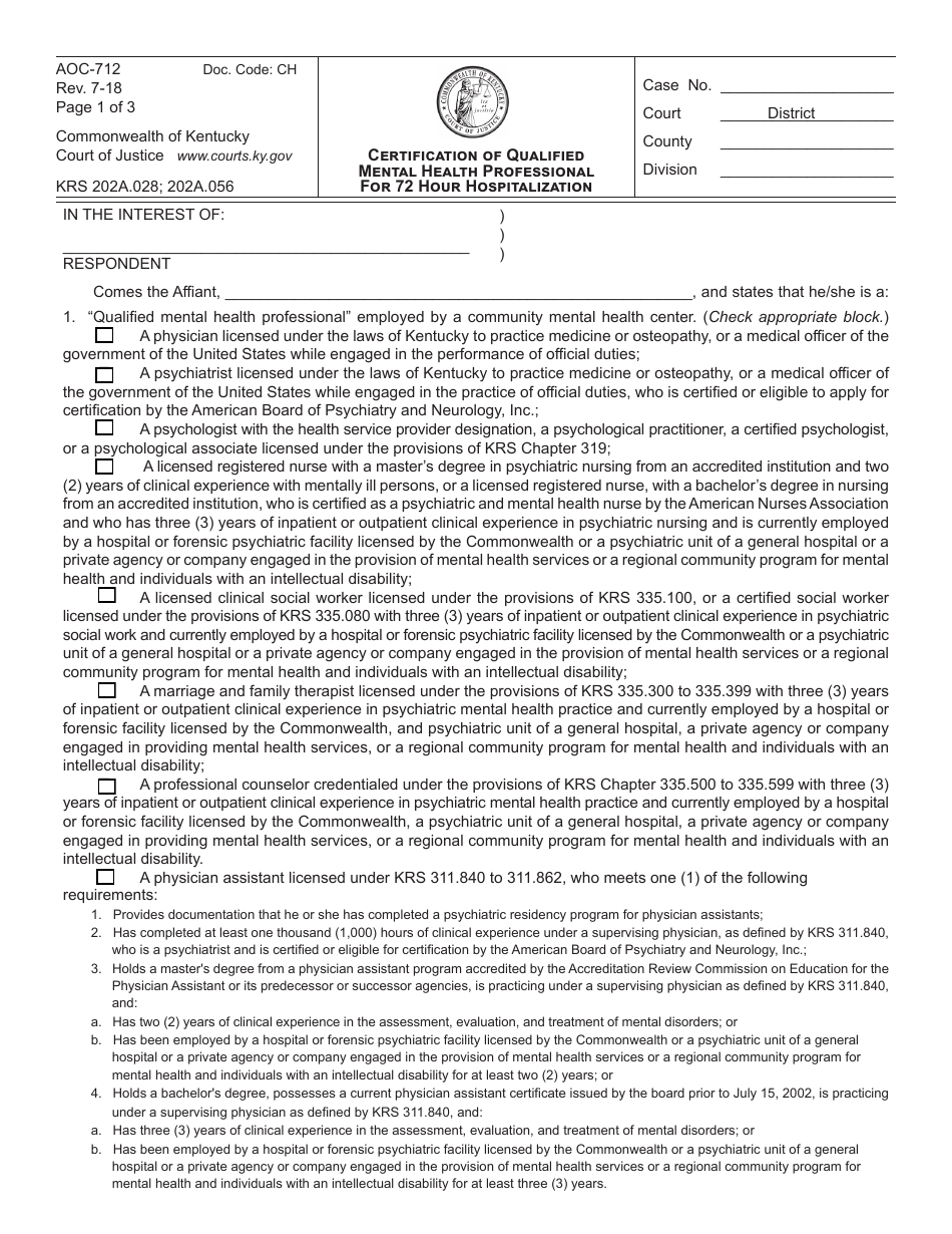 Form AOC-712 Certification of Qualified Mental Health Professional for 72 Hour Hospitalization - Kentucky, Page 1