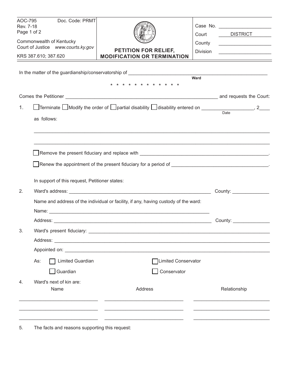 Form AOC-795 Petition for Relief, Modification or Termination - Kentucky, Page 1
