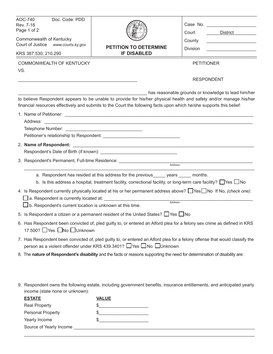 Form AOC-740 Petition to Determine if Disabled - Kentucky, Page 1