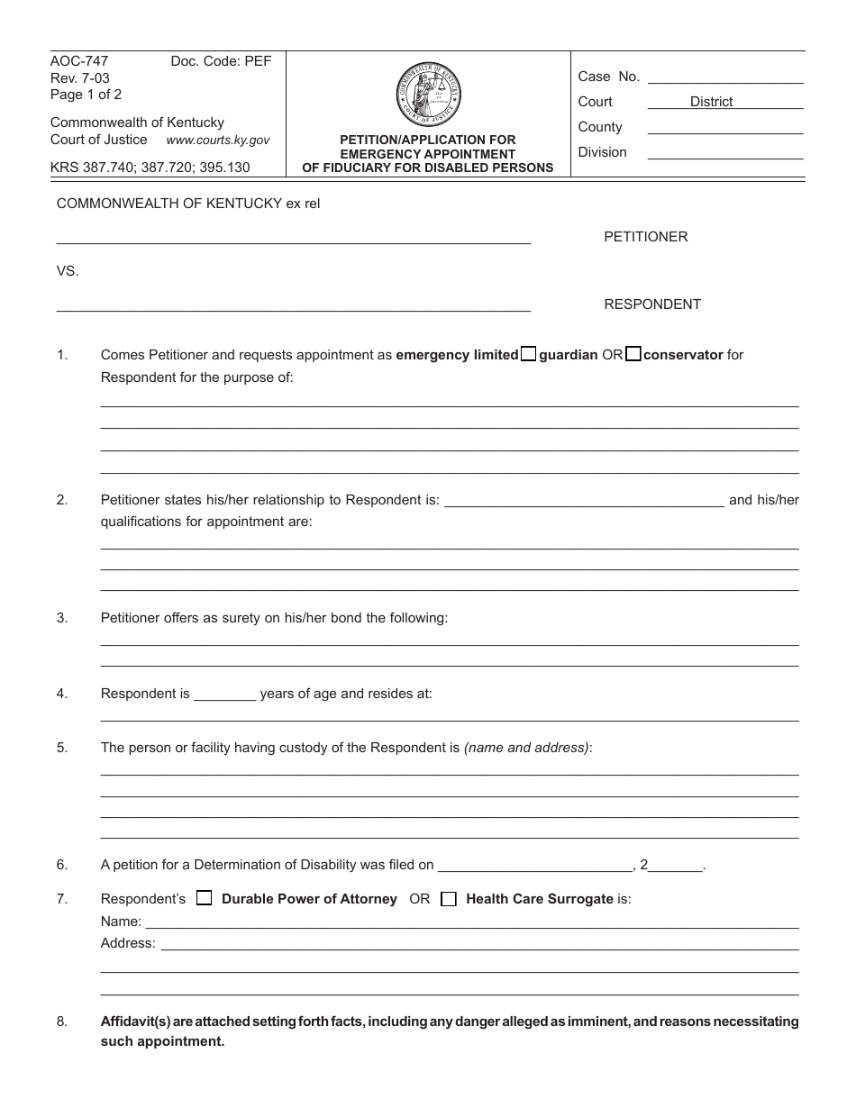 Form AOC-747 Petition / Application for Emergency Appointment of Fiduciary for Disabled Persons - Kentucky, Page 1