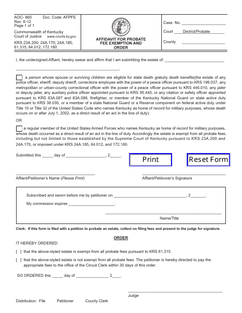 Form AOC-860 Affidavit for Probate Fee Exemption and Order - Kentucky