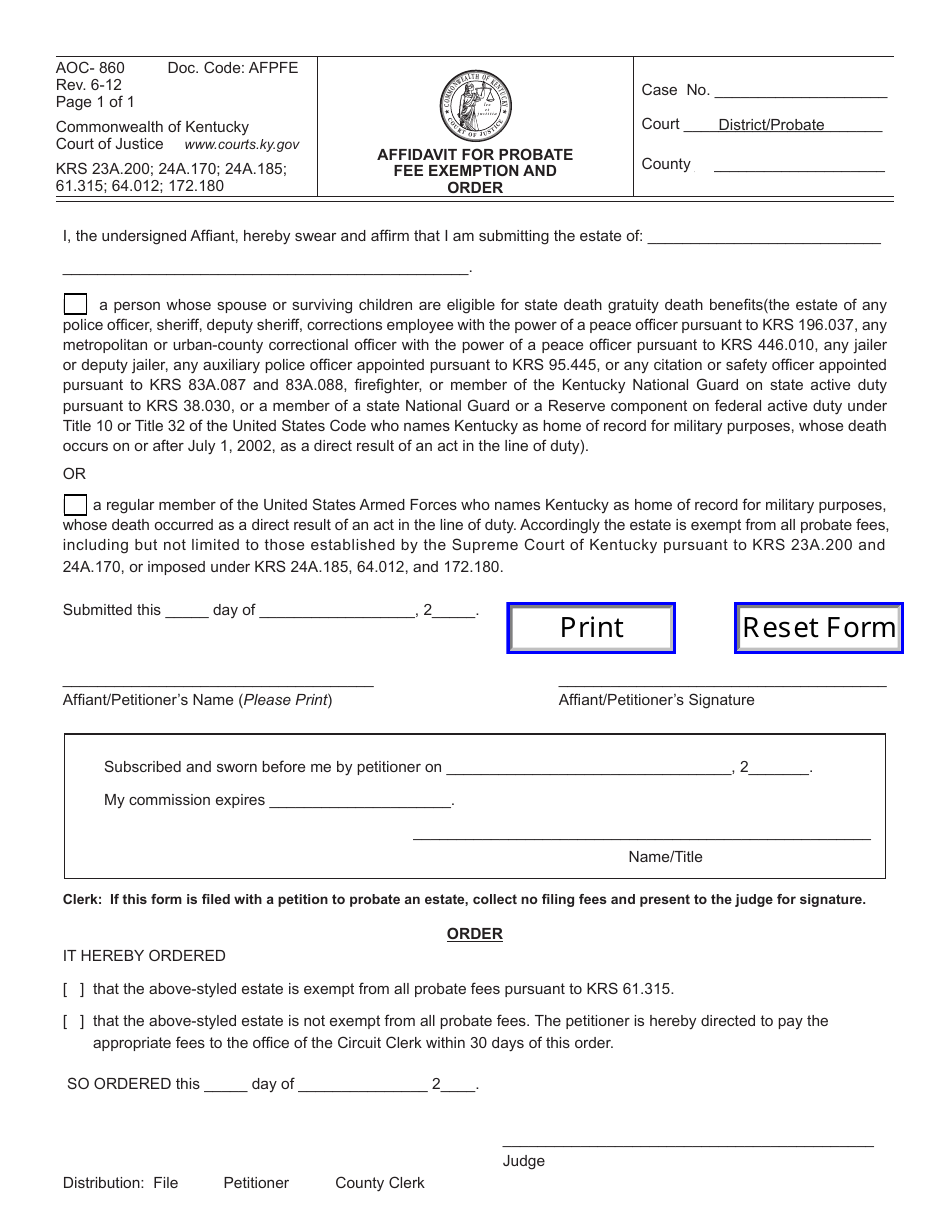 Form AOC-860 Affidavit for Probate Fee Exemption and Order - Kentucky, Page 1