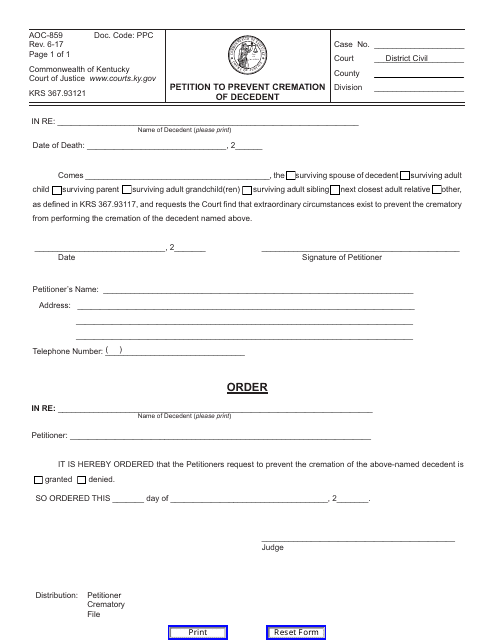 Form AOC-859 Petition to Prevent Cremation of Decedent - Kentucky