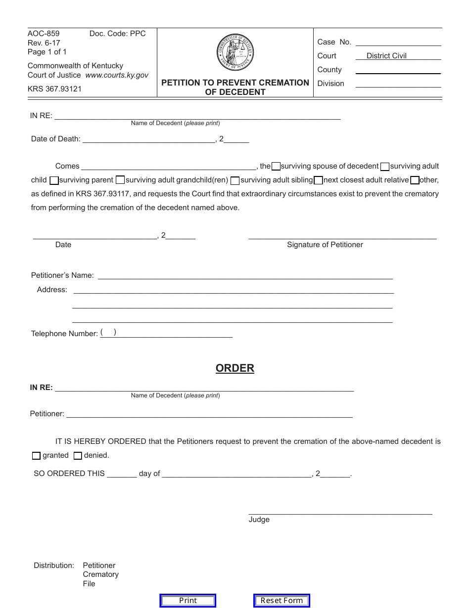 Form AOC-859 Petition to Prevent Cremation of Decedent - Kentucky, Page 1