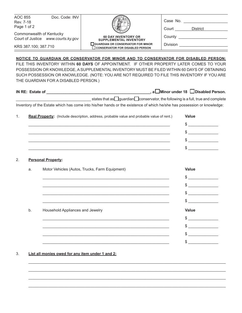Form AOC855 60 Day Inventory or Supplemental Inventory - Guardian or Conservator for Minor / Conservator for Disabled Person - Kentucky, Page 1