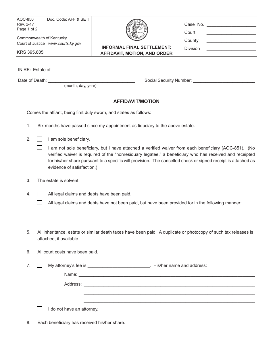 Form AOC-850 Informal Final Settlement: Affidavit, Motion, and Order - Kentucky, Page 1