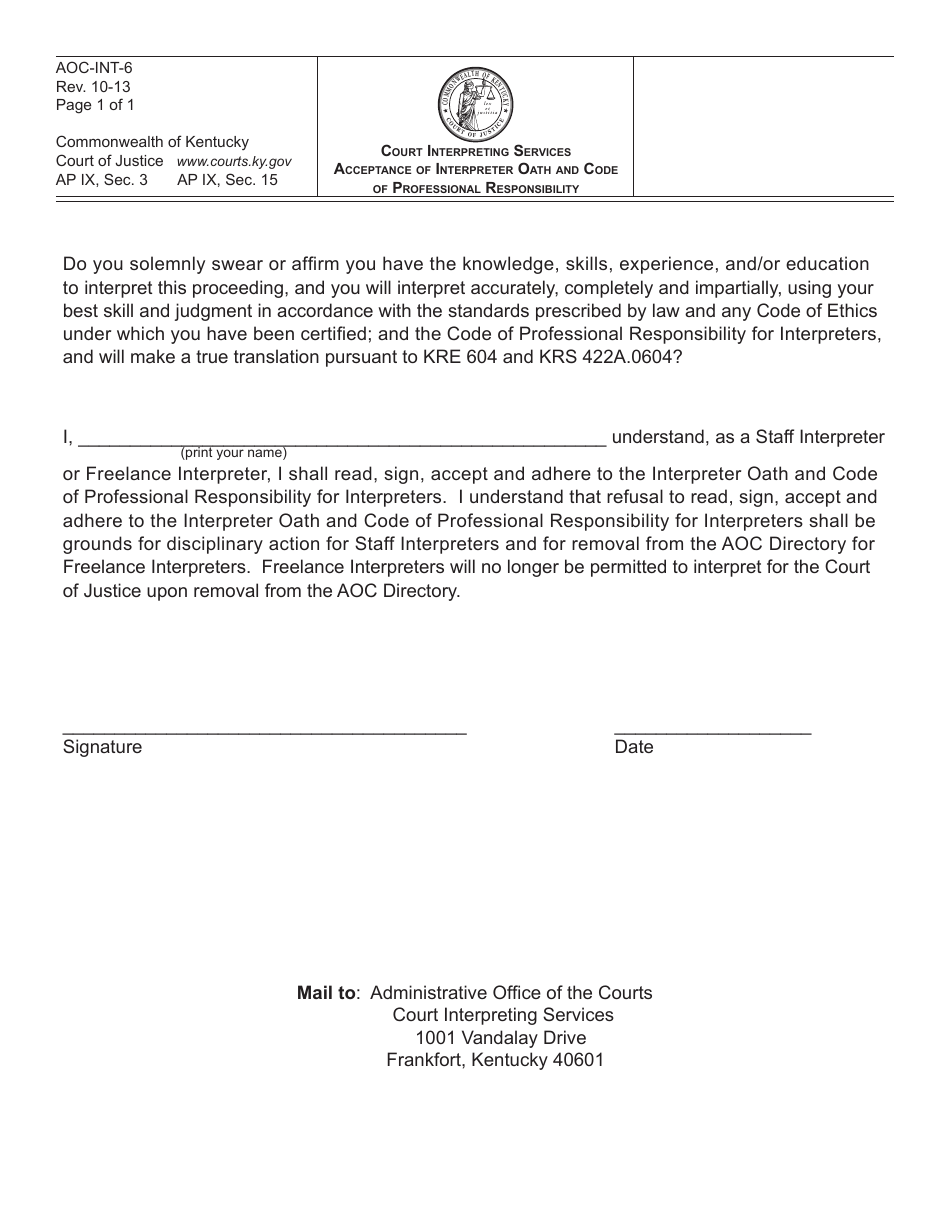 Form AOC-INT-6 Court Interpreting Services Acceptance of Interpreter Oath and Code of Professional Responsibility - Kentucky, Page 1