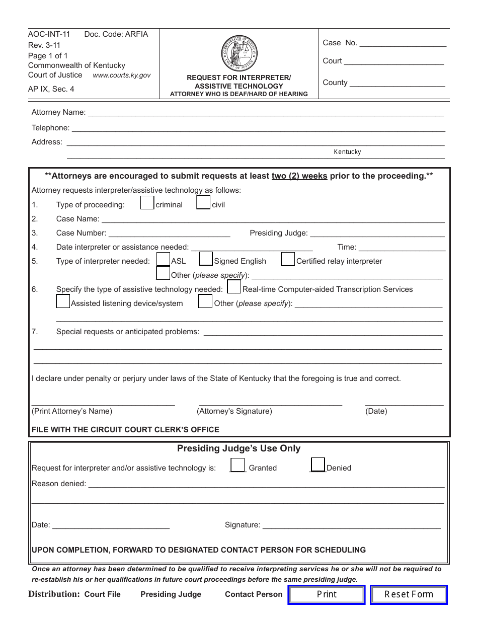 Form AOC-INT-11 Download Fillable PDF or Fill Online Request for ...