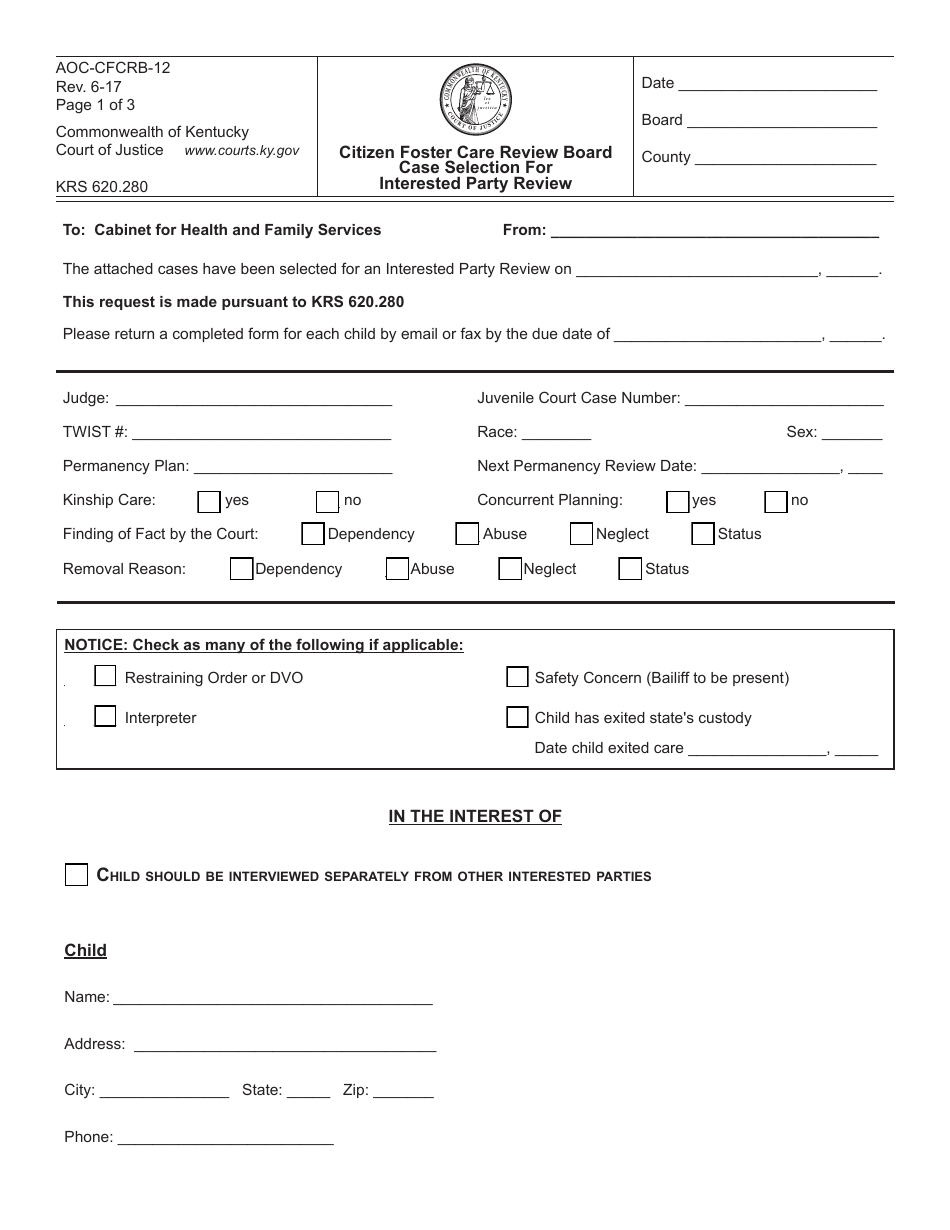 Form AOC-CFCRB-12 Citizen Foster Care Review Board Case Selection for Interested Party Review - Kentucky, Page 1