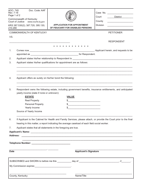 Form AOC-745 Application for Appointment of Fiduciary for Disabled Persons - Kentucky