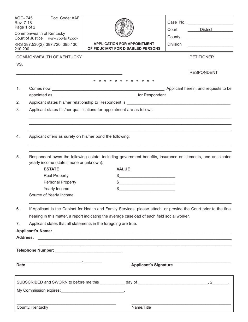 Form AOC-745 Application for Appointment of Fiduciary for Disabled Persons - Kentucky, Page 1