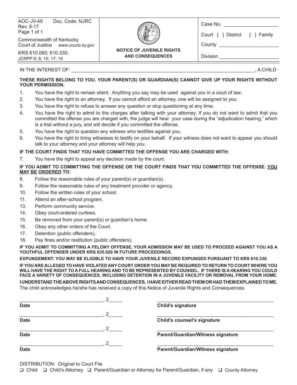 Form AOC-JV-49 Notice of Juvenile Rights and Consequences - Kentucky, Page 1