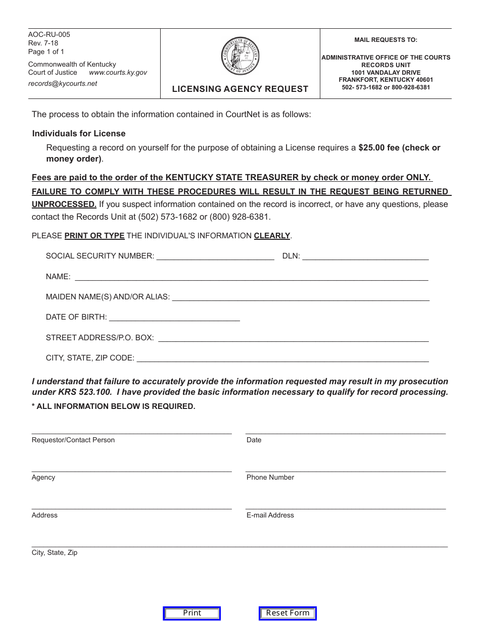 Form AOC-RU-005 Licensing Agency Request - Kentucky, Page 1