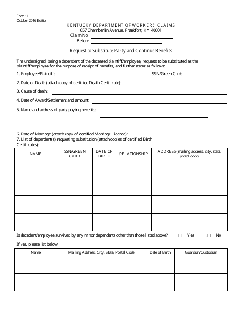 Form 11 Request to Substitute Party and Continue Benefits - Kentucky