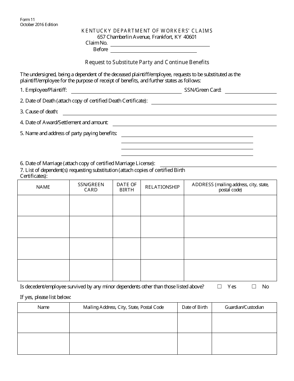 Form 11 Request to Substitute Party and Continue Benefits - Kentucky, Page 1