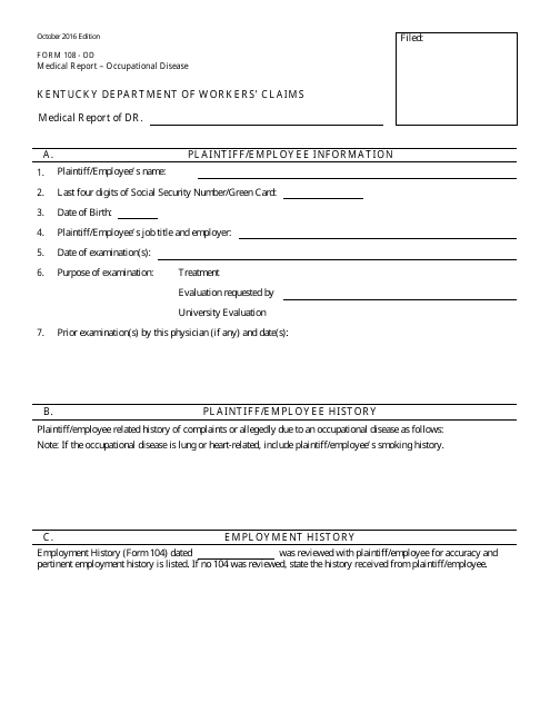 Form 108 Medical Report - Occupational Disease - Kentucky