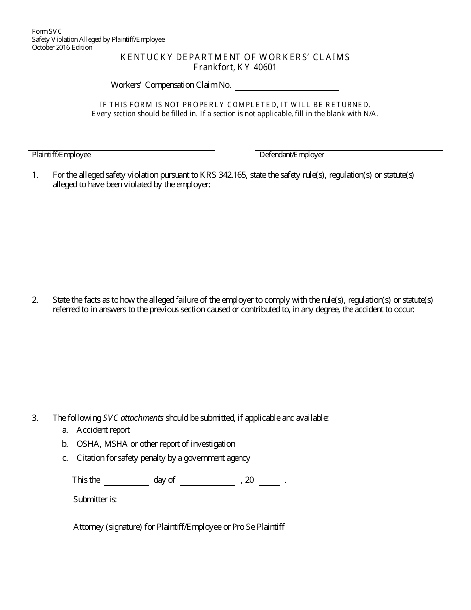 Form SVC Safety Violation Alleged by Plaintiff / Employee - Kentucky, Page 1