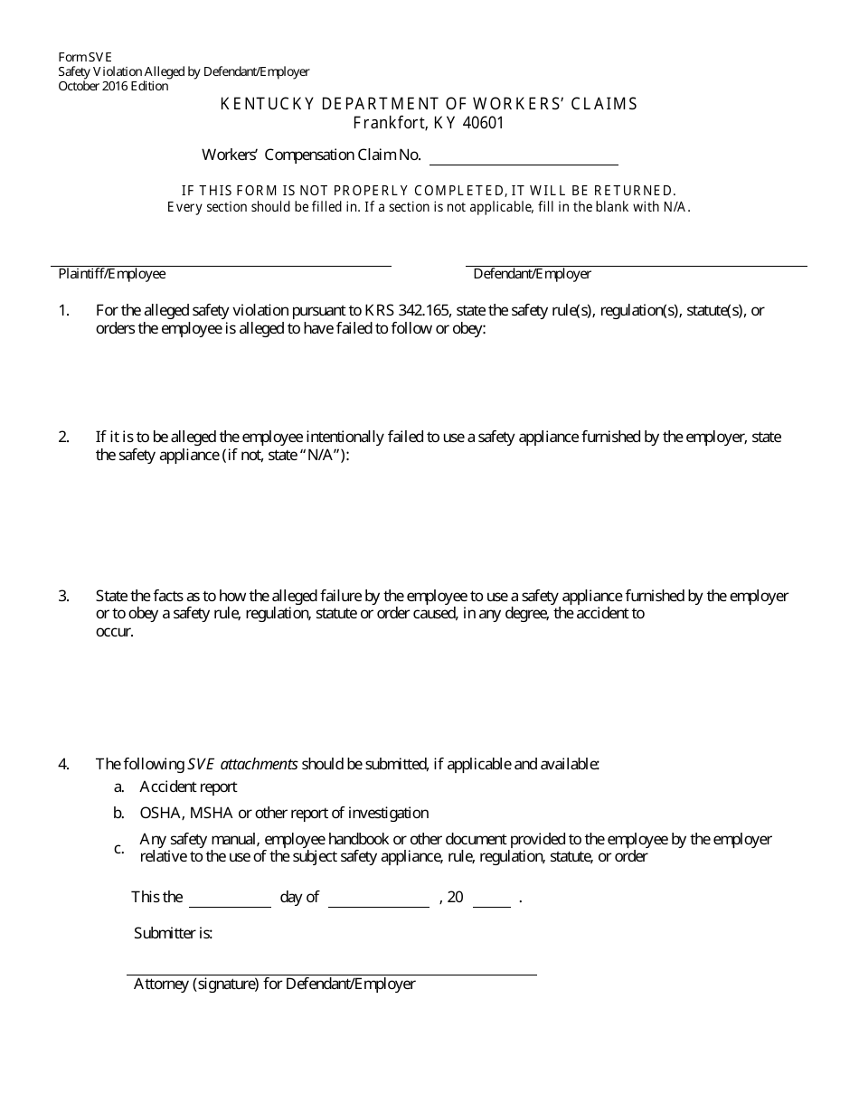 Form SVE Safety Violation Alleged by Defendant / Employer - Kentucky, Page 1
