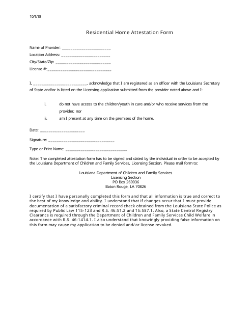 Residential Home Attestation Form - Louisiana Download Pdf