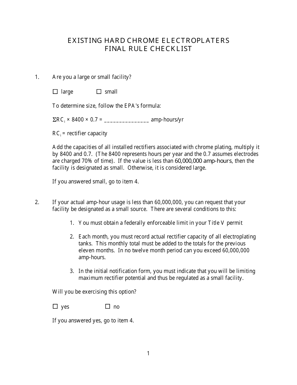 Existing Hard Chrome Electroplaters Final Rule Checklist - Louisiana, Page 1