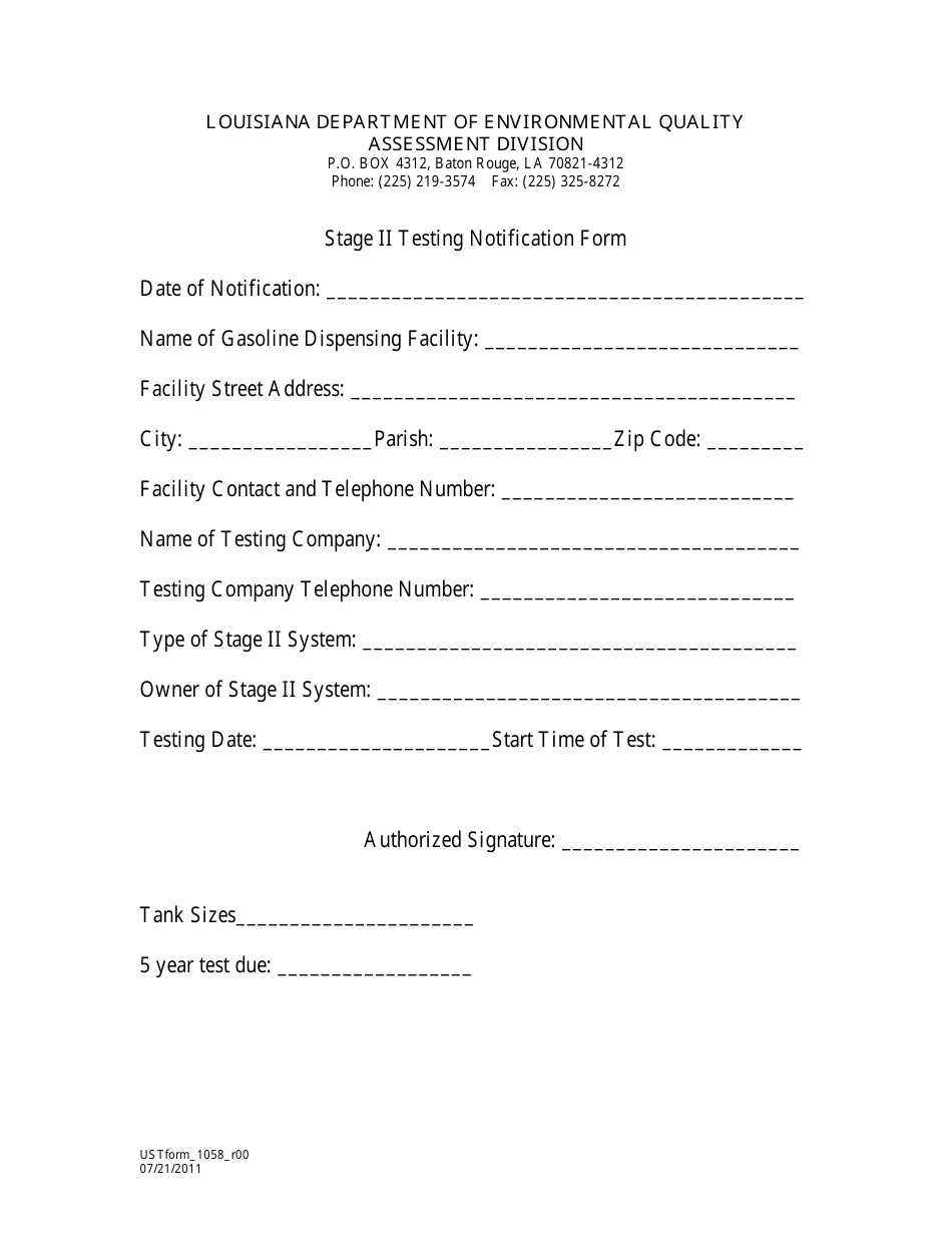 Stage II Testing Notification Form - Louisiana, Page 1