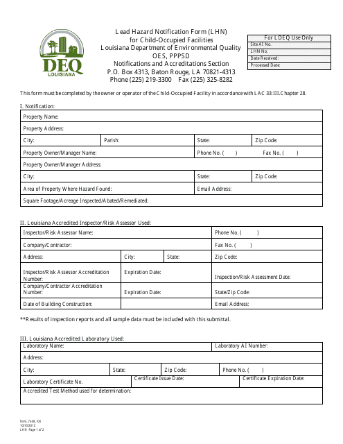Lead Hazard Notification Form (Lhn) for Child-Occupied Facilities - Louisiana Download Pdf