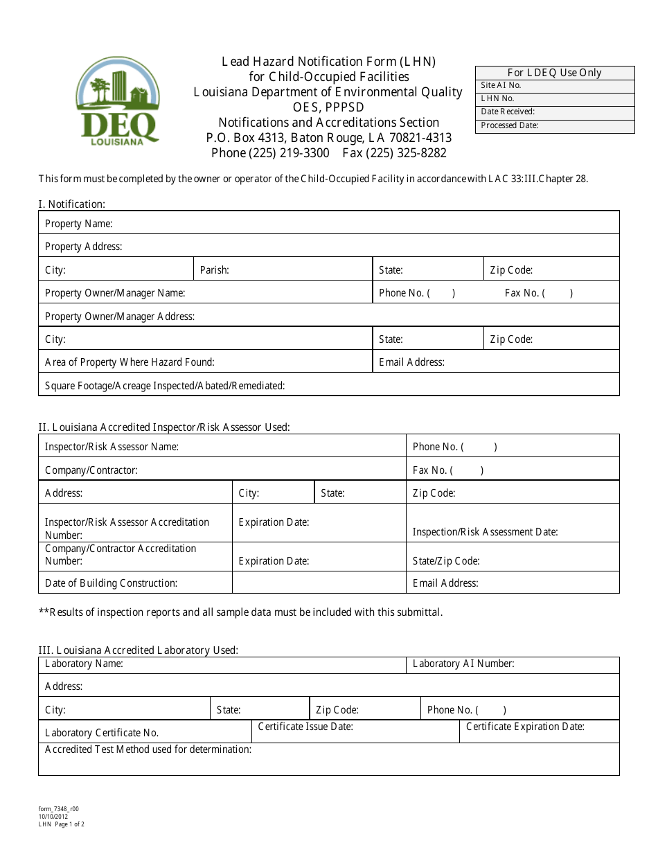 Lead Hazard Notification Form (Lhn) for Child-Occupied Facilities - Louisiana, Page 1