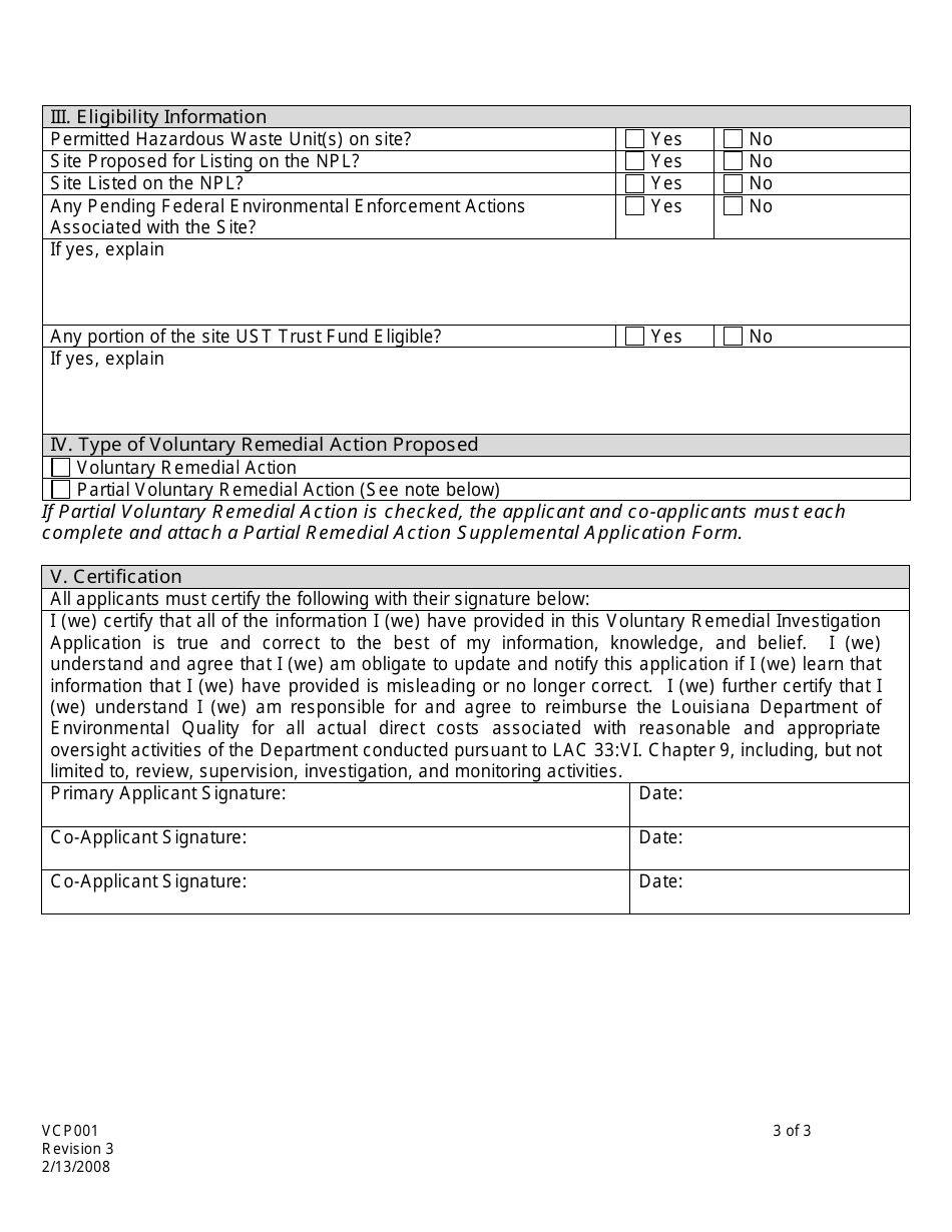 Form VCP001 Voluntary Remedial Investigation Application - Louisiana, Page 3