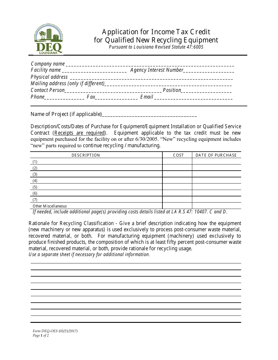 Form DEQ-OES Application for Income Tax Credit for Qualified New Recycling Equipment - Louisiana, Page 1