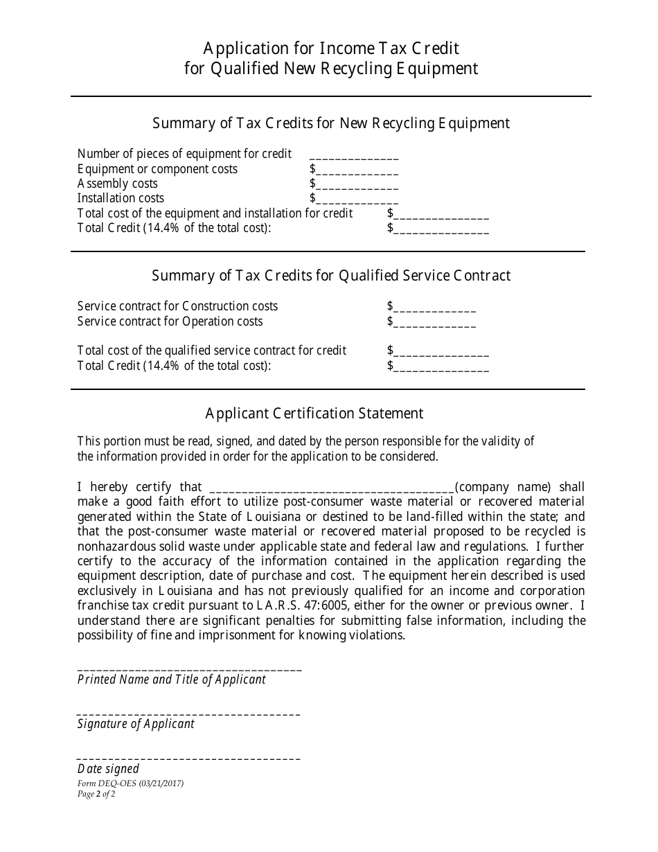 Form DEQ-OES Application for Income Tax Credit for Qualified New Recycling Equipment - Louisiana, Page 2