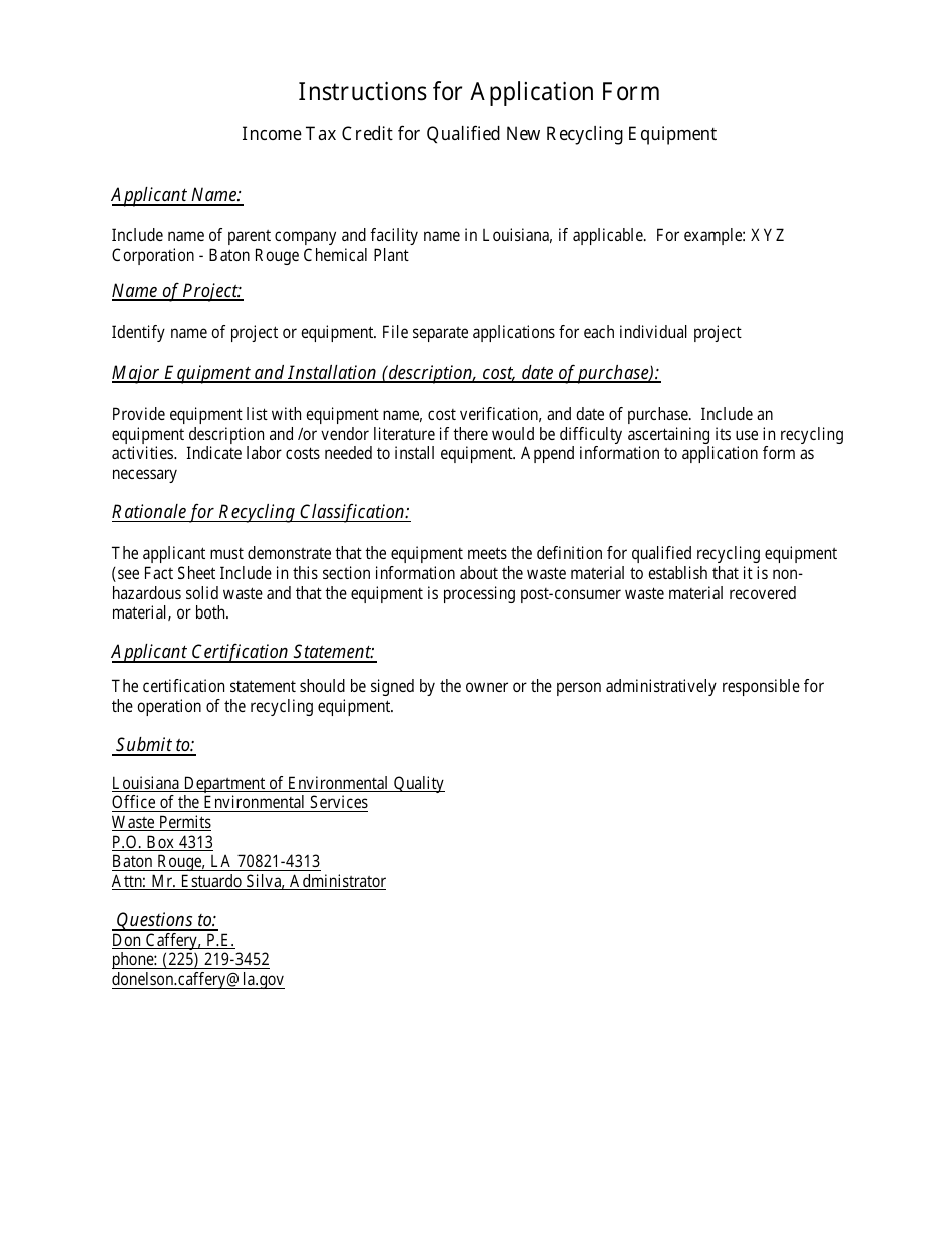 Form DEQ-OES Application for Income Tax Credit for Qualified New Recycling Equipment - Louisiana, Page 3