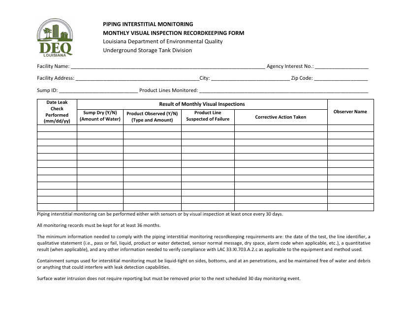 Monthly Visual Inspection Recordkeeping Form - Piping Interstitial Monitoring - Louisiana Download Pdf