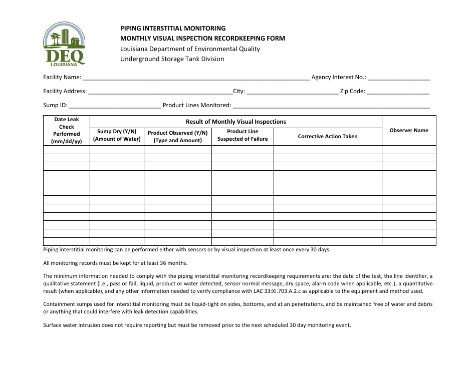 Monthly Visual Inspection Recordkeeping Form - Piping Interstitial Monitoring - Louisiana, Page 1