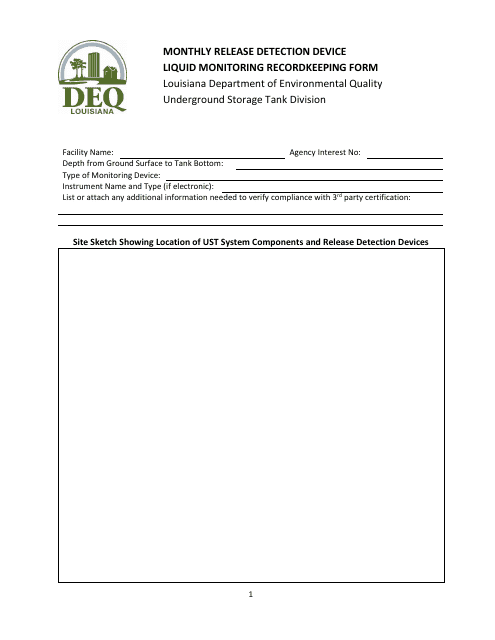 Liquid Monitoring Recordkeeping Form - Monthly Release Detection Device - Louisiana Download Pdf