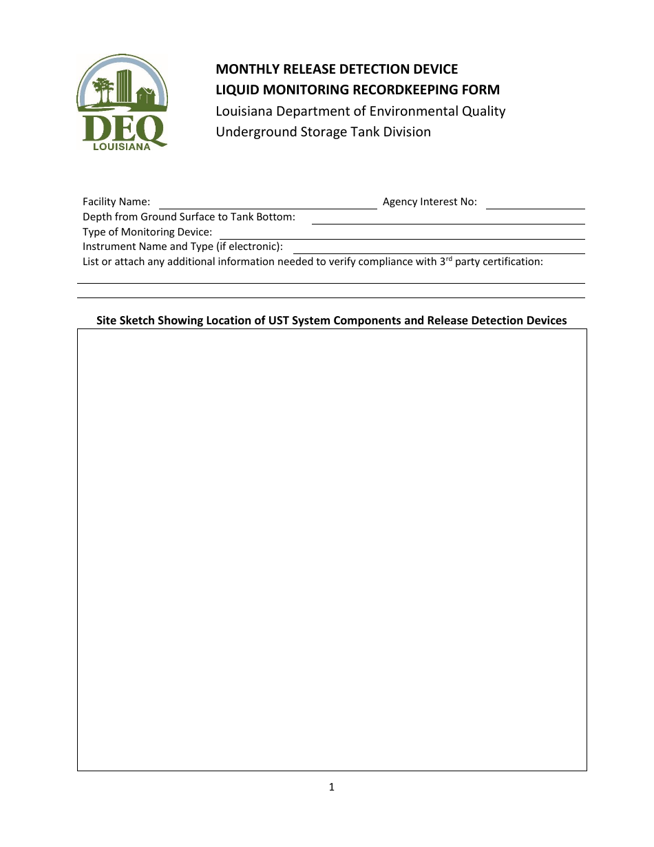 Liquid Monitoring Recordkeeping Form - Monthly Release Detection Device - Louisiana, Page 1