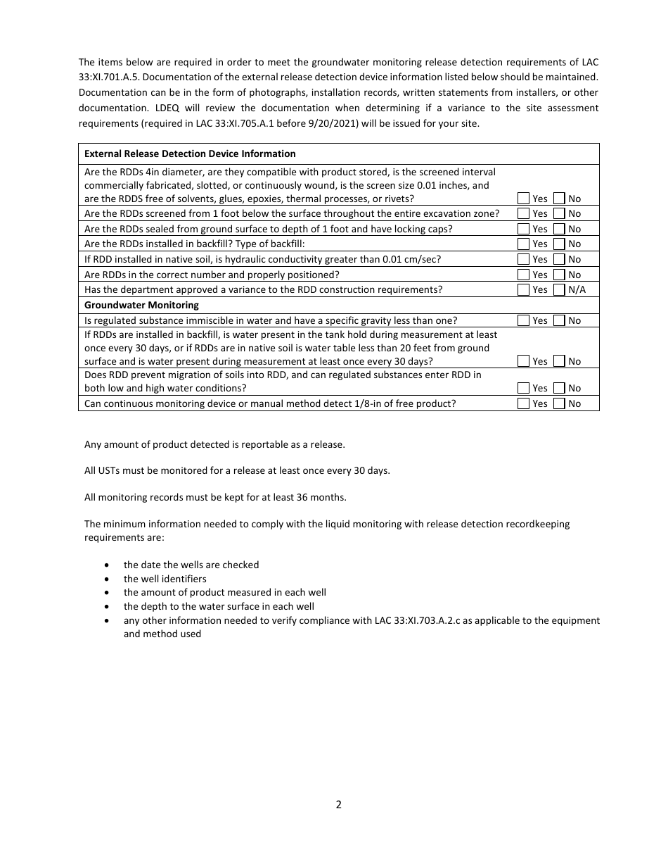 Liquid Monitoring Recordkeeping Form - Monthly Release Detection Device - Louisiana, Page 2