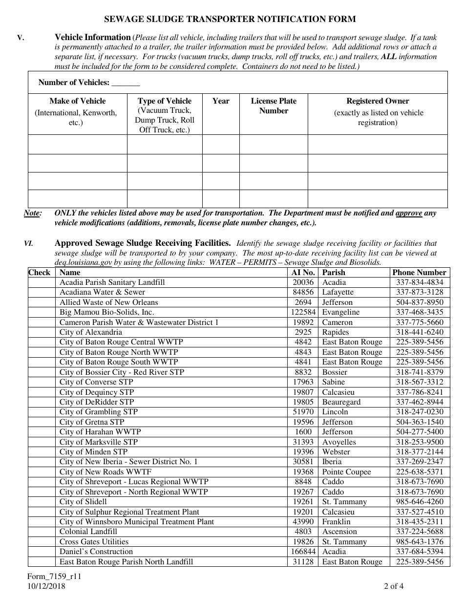 Form 7159 Sewage Sludge Transporter Notification Form - Louisiana, Page 2